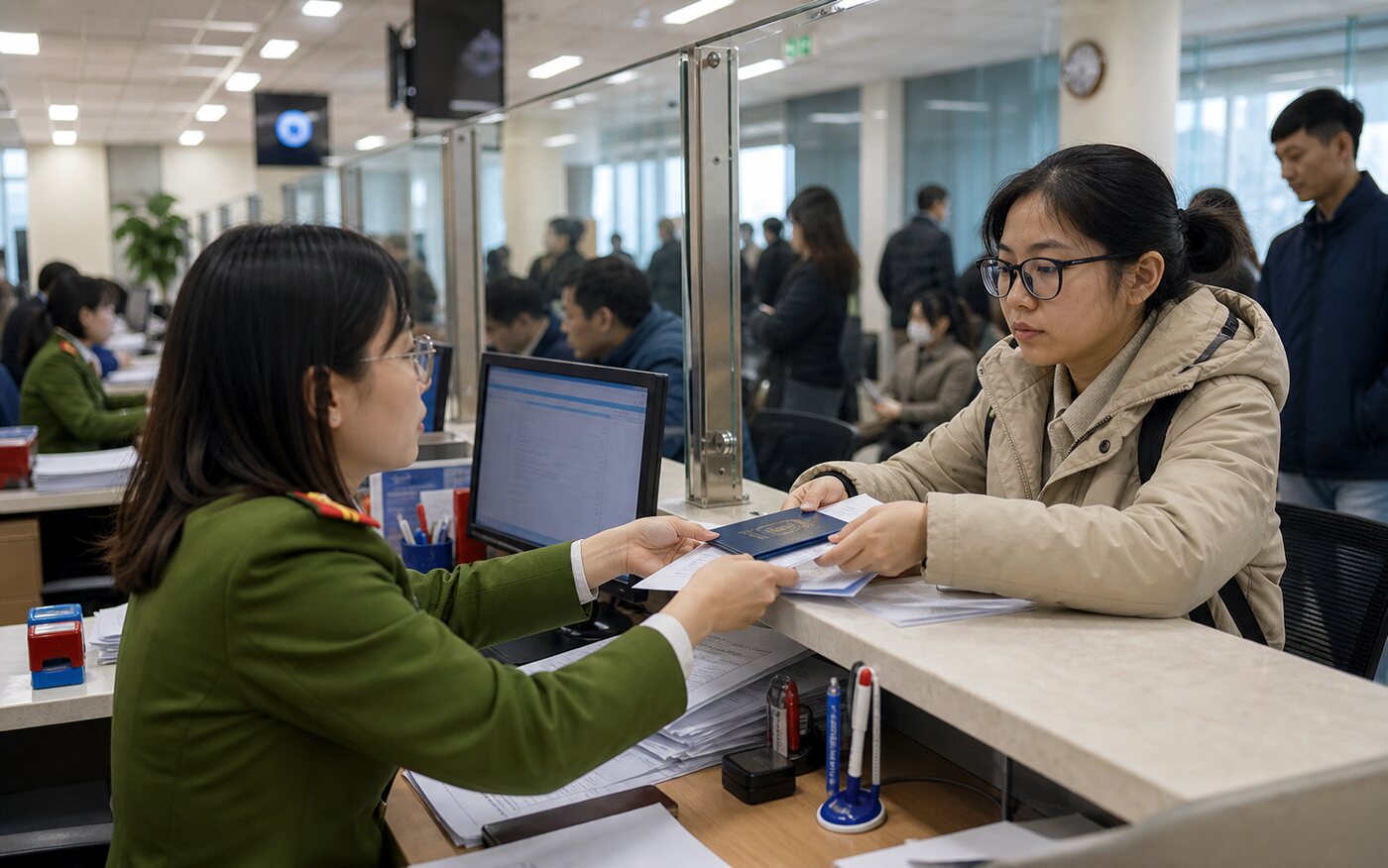 하노이 출입국 사무소에서 체류 서류를 확인하는 장면